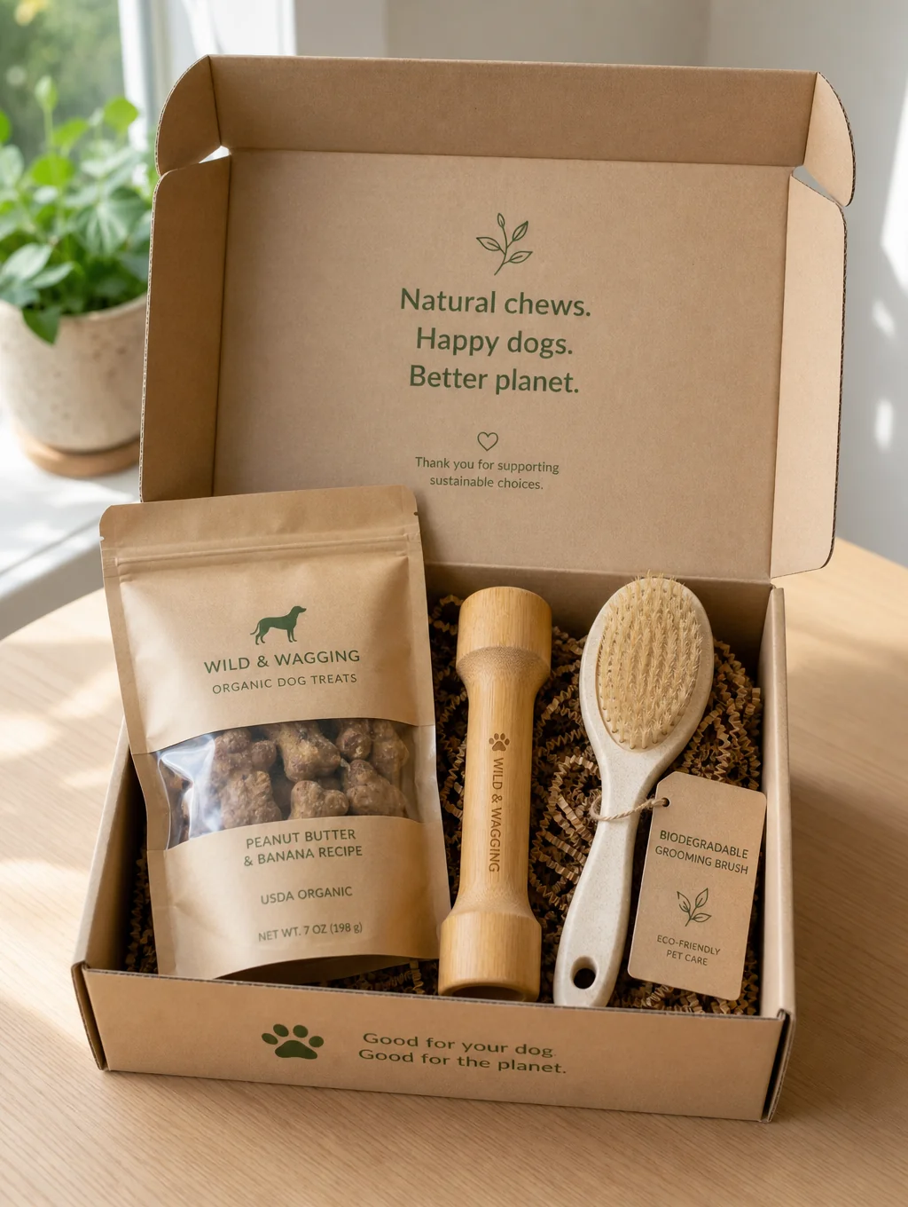 Curated dog treat subscription box with natural chews and biscuits